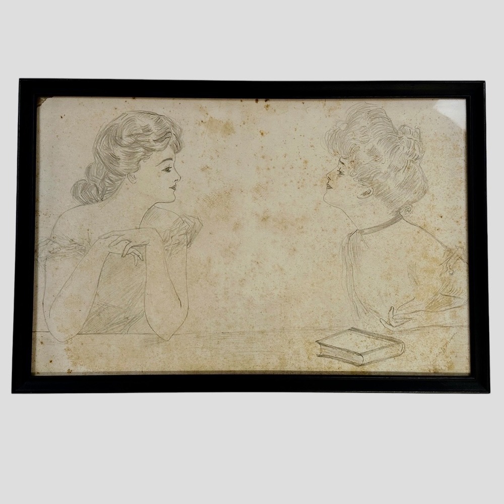 Antique Gibson Girl Pencil Sketch Art 20x12.5 Tan Fair Edwardian Drawing Frame